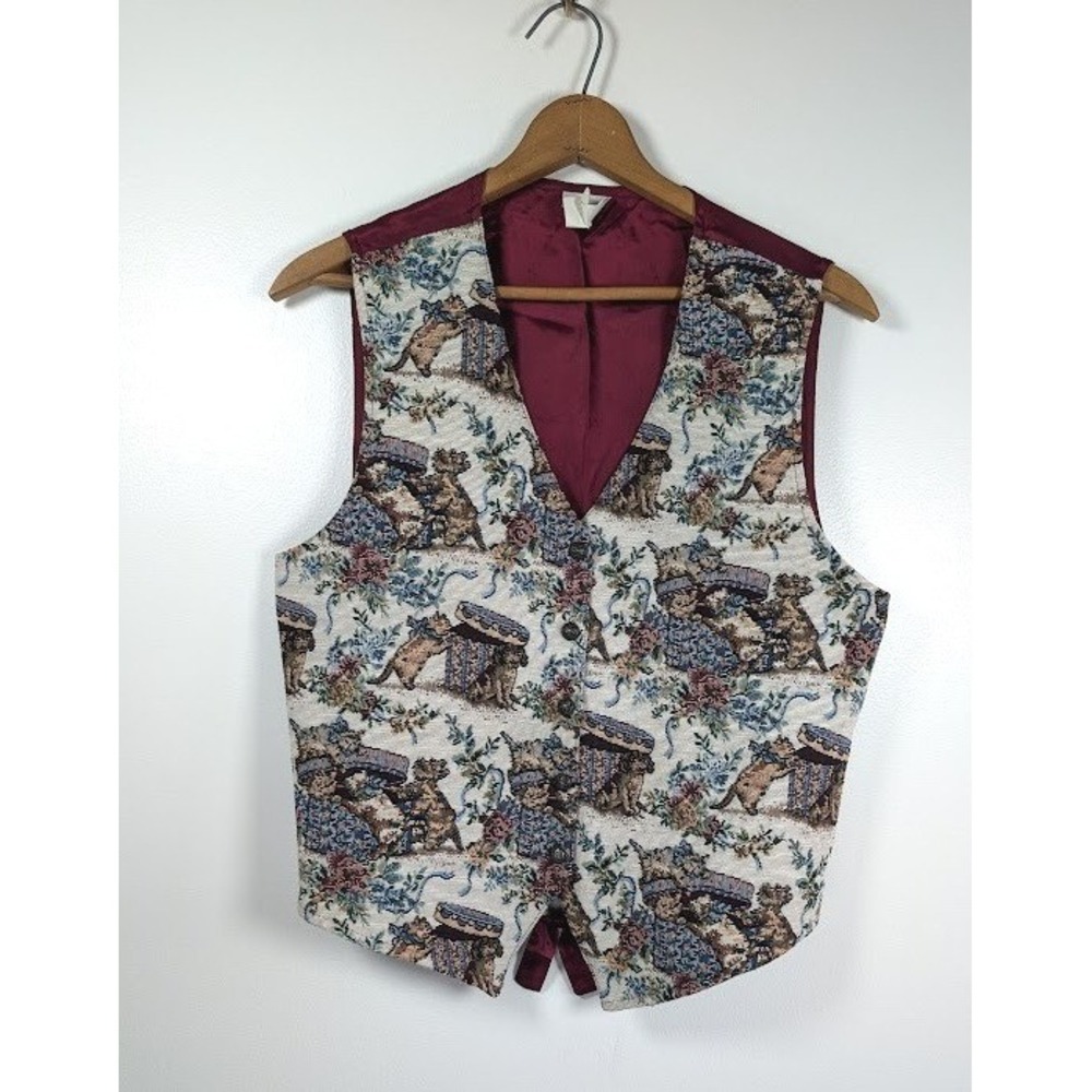 Bobbie Brooks Tapestry Vest Size Large Cat Dog Novelty Grandma Vintage 90s Twee